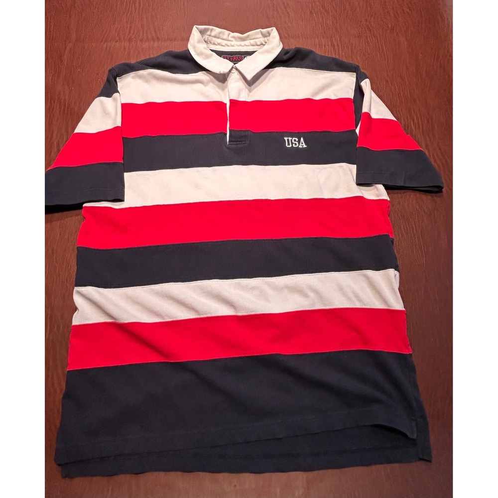 Ivy Crew Explorer Mens XL‎ Rugby Shirt Short Sleeve Striped USA Red White Blue